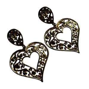 Pierced earrings massive gold filigree hearts drop dangle statement Jewelry